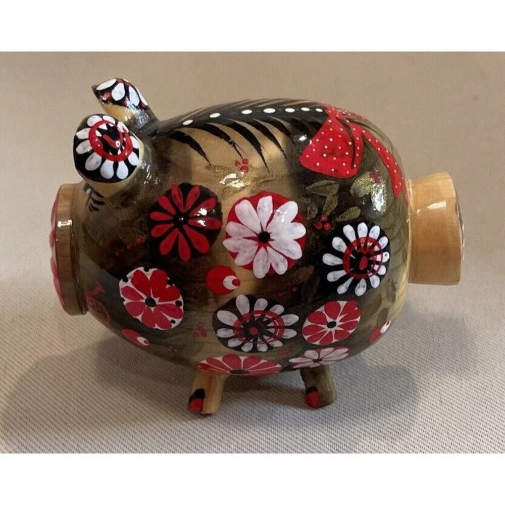 Wood Lacquer Folk Art Piggy Pig Salt Or Pepper Shaker‎ Floral Colorful